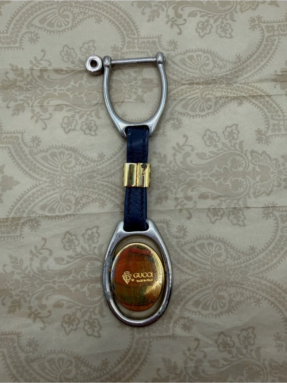 Gucci Blue Leather Key Ring with Gold and Silver Hardware